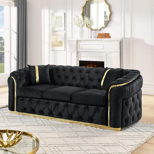 Miniatura 18 de KEIKI Sofá Chesterfield de terciopelo de lujo de gran tamaño de 81 pulgadas con decoración de acero inoxidable dorado, sofá de 3 plazas