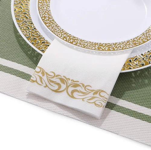 Miniatura 4 de FOCUSLINE 100 toallas de baño con tacto de lino, toallas de mano desechables suaves y absorbentes para invitados, toallas de papel tipo tela Dorado