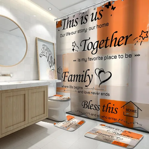 Miniatura 7 de Lnond Juego de 4 Piezas de Cortinas de Ducha para Baño con Alfombras, Azul y Naranja Motivacional Hogar Familia Juegos de Baño con Cortina de Ducha