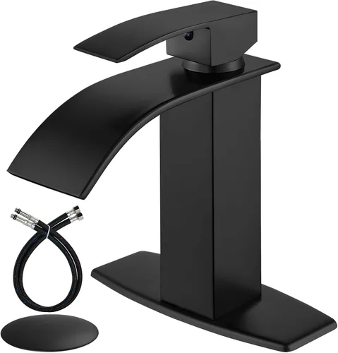 Airuida Grifo de baño de cascada negro mate, grifo de lavabo de baño de un solo agujero, grifo de lavabo de lavabo de autocaravana, grifo mezclador