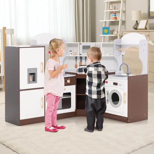 Miniatura 4 de Costzon Juego de cocina esquinera para niños, cocina de madera con sonidos y luces, lavadora, máquina de hielo, microondas, horno, fregadero