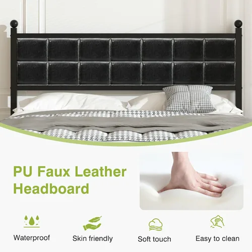 Miniatura 4 de VECELO Base de cama matrimonial, cama tapizada con cabecera de piel sintética, soporte de listones de metal fuerte, sin ruido, no necesita somier