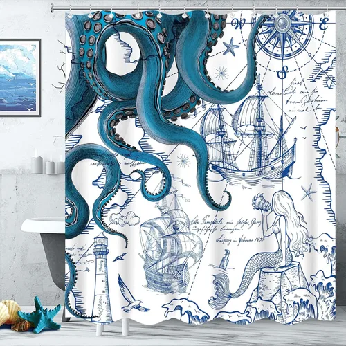 Miniatura 3 de Fungarth Cortina de ducha de pulpo náutico azul, sirena azul marino, divertida cortina de ducha estilo kraken del océano para baño, ancla fresca
