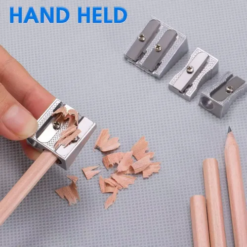 Miniatura 5 de Sacapuntas de metal, 4 sacapuntas manuales de doble agujero para lápices de grafito de colores, sacapuntas de crayón, oficina en casa y escuela