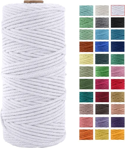 Miniatura 35 de Cuerda de macramé de algodón natural grueso de 3mm x 109 yardas, cuerda de algodón torcido de 4 hebras para macramé suave de color natural hecho a