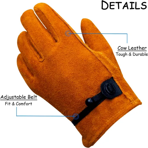 Miniatura 2 de Guantes de trabajo para niños de Hocoi Moa, edad 2-12 años, guantes de cuero de piel de oveja/cuero de vaca para niños para jardín (marrón/amarillo)