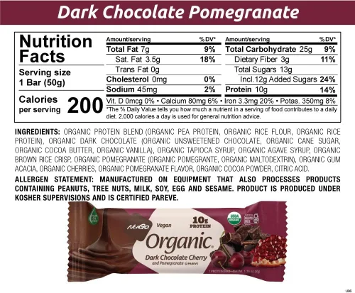 Miniatura 7 de Nugo Granada de chocolate negro orgánico, 0.35 onzas de proteína vegana, sin gluten, 24