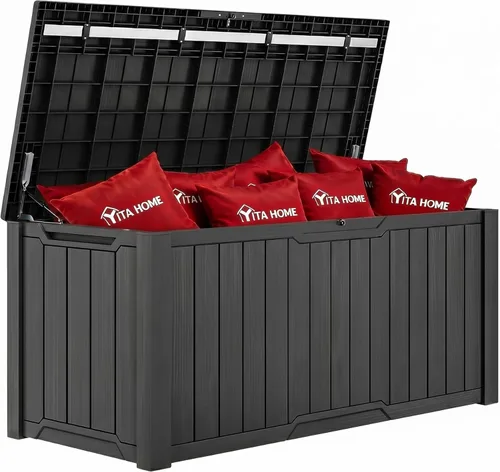 Miniatura 13 de YITAHOME Caja grande de cubierta de 120 galones con parte delantera en forma de X, cajas de almacenamiento de resina para exteriores, banco de Topo