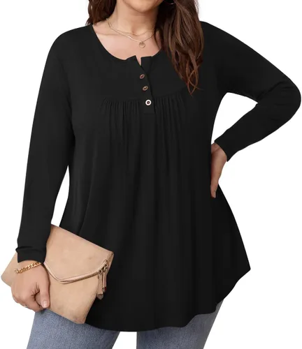 Miniatura 2 de BISHUIGE Blusas plisadas de manga corta con cuello en V para mujer, talla grande, estilo Henley, con botones