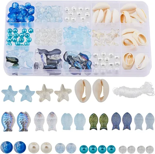 Miniatura 7 de SUNNYCLUE 1 Caja 540 piezas Kit de Cuentas Oceánicas Vidrio Verano Pez Estrella de Mar Dijes Azul Hawaii Animales Marinos Dije Cuentas de Semillas