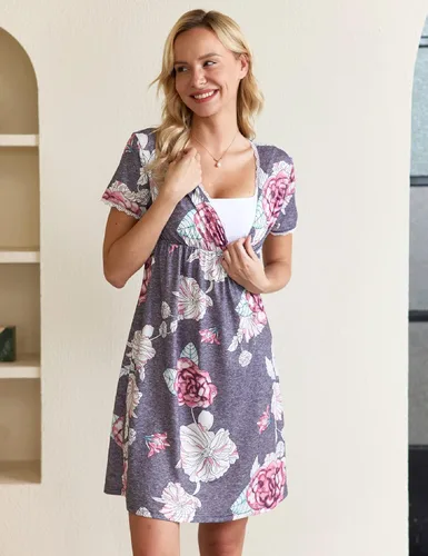 Miniatura 4 de Ekouaer - Camisón de dormir de manga corta 3 en 1 para mujer, plisado, para lactancia, parto y maternidad, tallas S-XXL