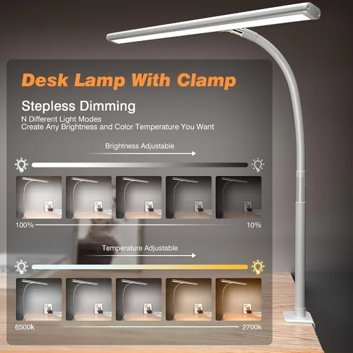 Miniatura 2 de Airlonv Lámpara de escritorio LED para oficina y hogar, luz de escritorio que cuida los ojos con atenuación continua, cuello de cisne flexible Blanco