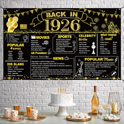 Miniatura 7 de DARUNAXY 100 cumpleaños de oro negro decoración de fiesta, pancarta de "Back in 1926" póster de fiesta de 100 años suministros, 6x3.6 pies gran