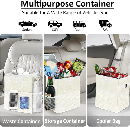 Miniatura 5 de Bonita mini bolsa de basura para automóvil con tapa, cubo de basura con purpurina para colgar para asiento trasero, asiento delantero/consola