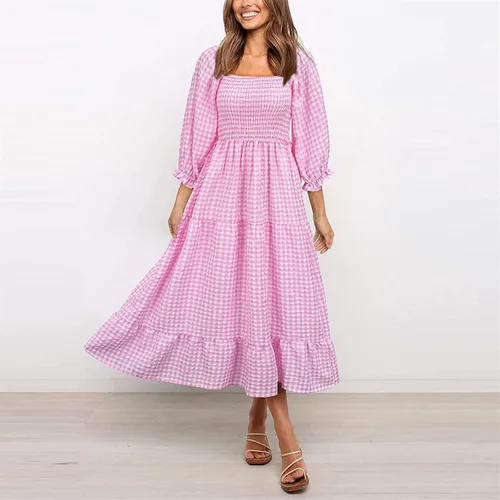 Miniatura 2 de NIUQI Vestido midi bohemio a cuadros para mujer cuello cuadrado hombros descubiertos manga abombada fruncido escalonado con volantes