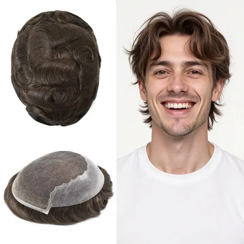 Miniatura 58 de Toupee - Sistemas de reemplazo de cabello para hombre, encaje frontal suizo, nudo blanqueado, pieza de cabello humano natural 1# negro azabache, 8 x