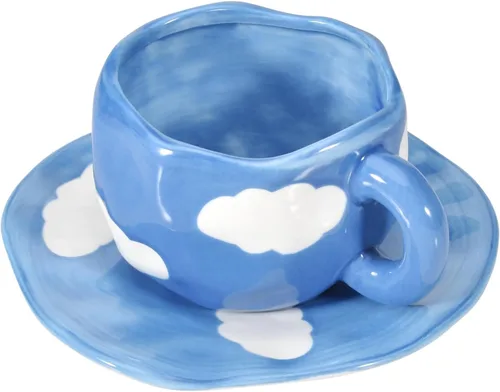 Koythin - Taza de café de cerámica con platillo, taza única y bonita hecha a mano para mujeres para oficina y hogar, apta para lavavajillas y Cielo