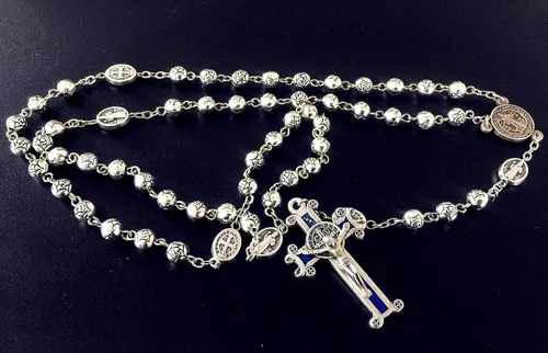 Miniatura 4 de elegantmedical Collar de cruz azul de San Benito con cuentas de rosa de plata hechas a mano y bonita caja de joyería de metal