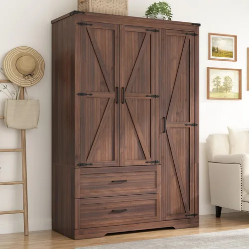 St.Mandyu Armario Ropero de Granja con 3 Puertas y 2 Cajones, Gabinete de Almacenamiento de Ropa de Madera de 70.1", Armario Ropero Independiente de