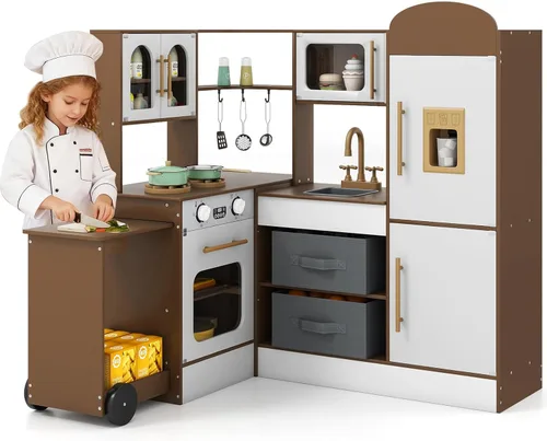 Miniatura 13 de HONEY JOY Cocina de Juego de Esquina con Carrito Rodante, Juego de Cocina de Juguete de Madera de Simulación con Luces, Máquina de Hielo, Estufas