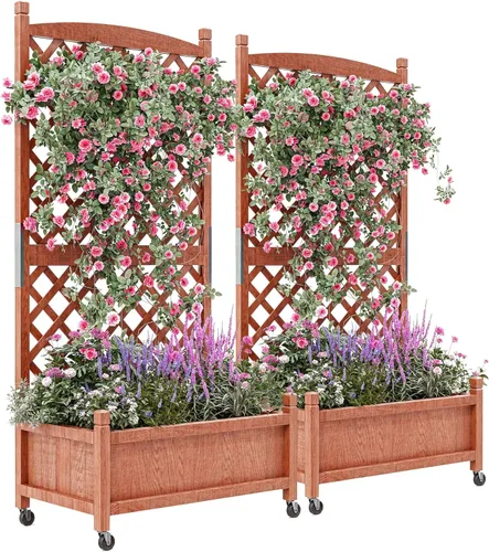 GarveeLife Paquete de 2 macetas altas de madera con enrejado, cama de jardín elevada de 61.5 pulgadas de alto sobre ruedas, maceta vertical con
