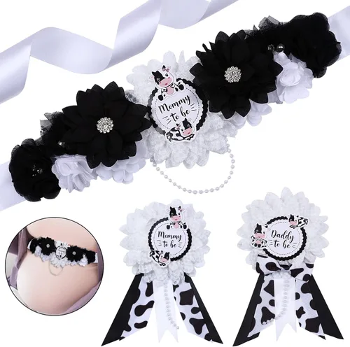 Faja para baby shower de vaca, kit de banda de maternidad con texto en inglés "Mom to Be Dad" (mamá para ser papá), alfileres de ramillete para