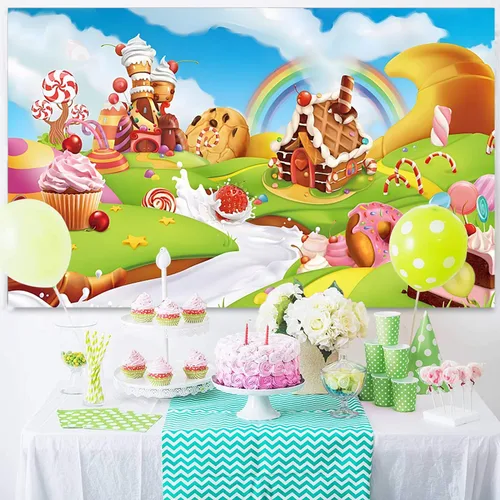 Miniatura 4 de Telón de fondo de caramelo de 5 x 3 pies de dibujos animados de caramelo arco iris dulce dona piruleta crema fotografía fondo bebé niñas fiesta