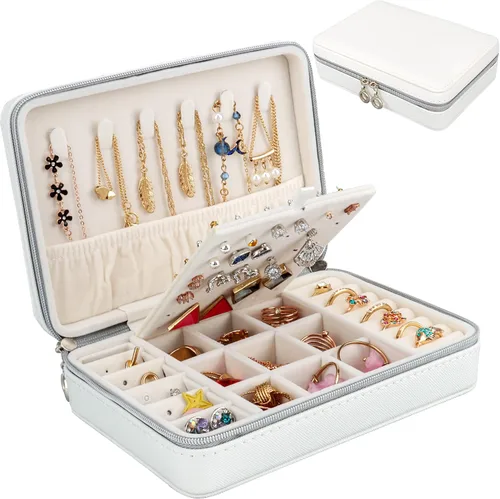 DesignSter Joyero pequeño Estuche de joyería de viaje de piel sintética organizador de joyas soporte de almacenamiento para collares, aretes,