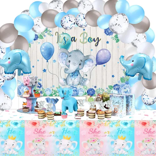 Miniatura 7 de PHOGARY Paquete de 3 manteles de revelación de género de bebé para decoración de fiesta de niño o niña, elefantes bebés rosas o azules, manteles