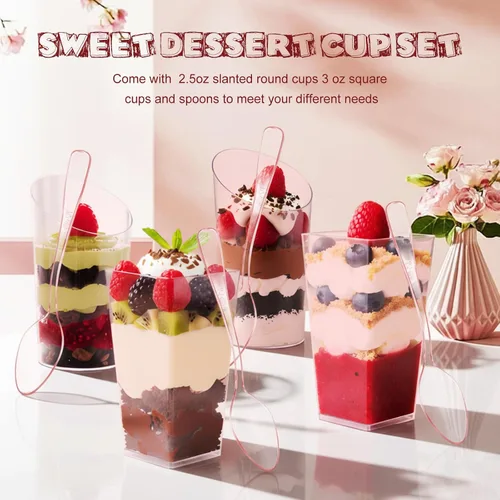 Miniatura 3 de Nuogo 100 mini tazas de postre con cucharas, cuadrados de 3 onzas y 2.5 onzas, inclinadas, redondas, pequeñas, de plástico transparente