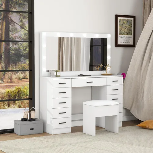 Miniatura 4 de Escritorio de tocador con espejo grande y luces, 11 cajones, mesa de maquillaje con taburete, 3 modos de iluminación, brillo ajustable, tocador