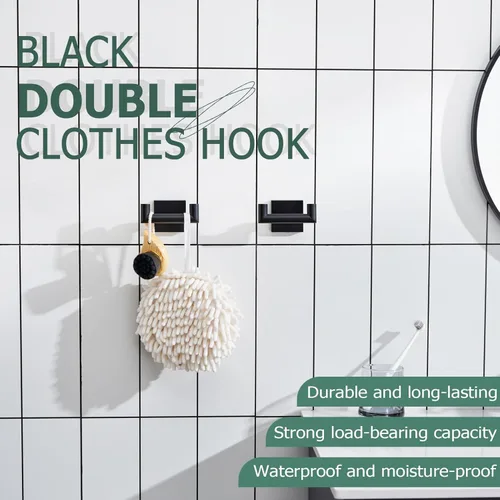 Miniatura 6 de KOKOSIRI Gancho para Bata de Baño Ganchos Dobles para Toalla y Abrigo Negro Mate para Baño Cocina Montaje en Pared, Paquete de 2 Acero Inoxidable