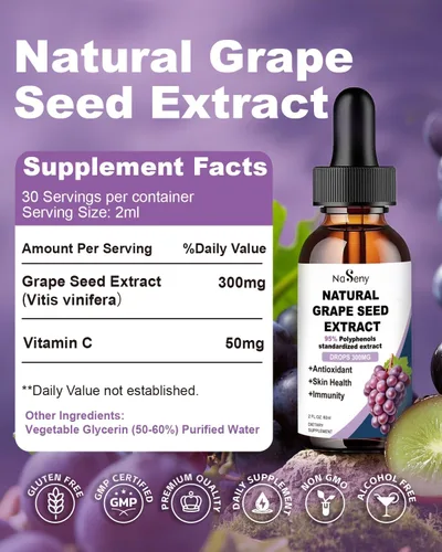 Miniatura 7 de Extracto de semilla de uva natural, suplemento líquido de extracto de semilla de uva de 300 mg – Tintura de semilla de Vitis Vinifera de máxima