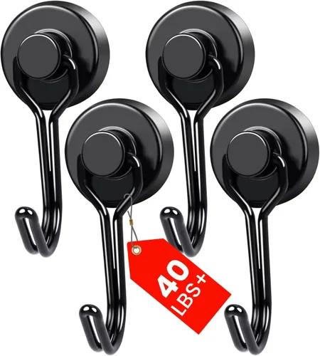 MIKEDE Paquete de 4 ganchos magnéticos, ganchos magnéticos de neodimio resistentes de 40 libras, ganchos giratorios magnéticos negros para colgar,