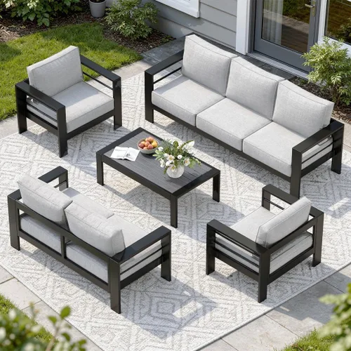 Miniatura 11 de Solaste Juego de muebles de patio de aluminio para todo tipo de clima, moderno juego de muebles de metal para exteriores con asientos profundos
