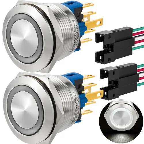 Miniatura 12 de 2 interruptores de botón de cierre de 0.866 in, 7/8 pulgadas, 110 V-120 V, SPDT, interruptor de encendido y apagado, impermeable, IP67, acero Azul