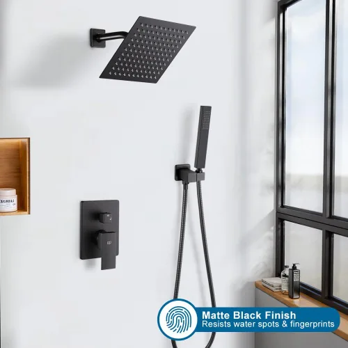 Miniatura 2 de Sistema de ducha negro para baño, juego completo de grifo de ducha montado en la pared de 8 pulgadas y mango con cuerpo de válvula áspero y kit