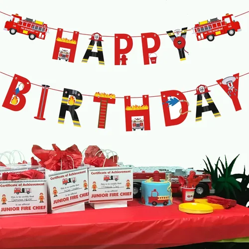 Miniatura 5 de Cartel de feliz cumpleaños de camión de bomberos para niños y adultos, bomberos de rescate de bomberos, letrero de fiesta de cumpleaños, suministros