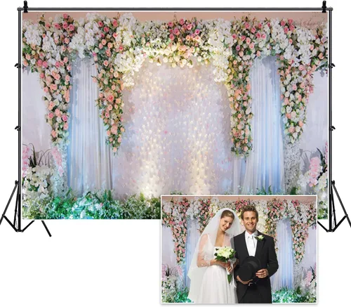 Miniatura 3 de Telón de fondo floral de boda de 5 x 3 pies, cortina de escenario blanco, rosa rosa, fondo de fotografía para despedida de soltera, boda, fiesta