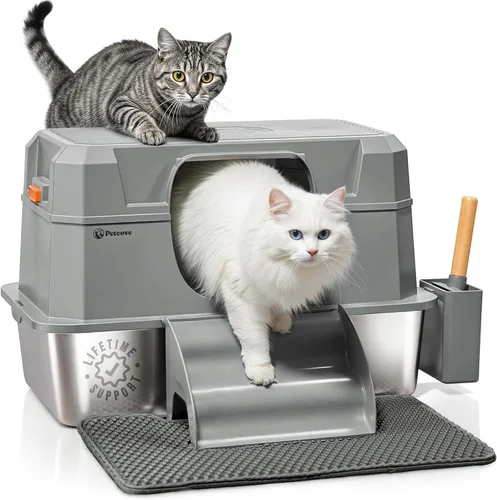 Miniatura 9 de Caja de arena para gatos de acero inoxidable con tapa, diseño XL 3 en 1 para gatos de interior, caja de arena de acero inoxidable, máxima privacidad
