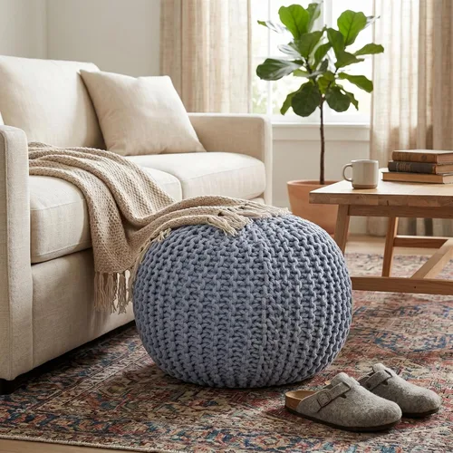 Miniatura 2 de BIRDROCK HOME Puf Otomano Redondo Taburete de Pie de Algodón Trenzado con Relleno de Frijoles Reposapiés Bohemio para Sala de Estar y Dormitorio