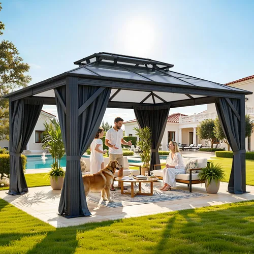 YITAHOME Cenador de policarbonato de 10 x 12 pies para patio al aire libre, doble techo de hierro galvanizado, columna de aluminio, cortinas de