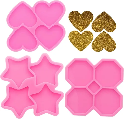 Juego de 3 moldes de resina, moldes de resina con forma de octágono de corazón de estrella, 4 cavidades, moldes de silicona de 1.7 pulgadas para