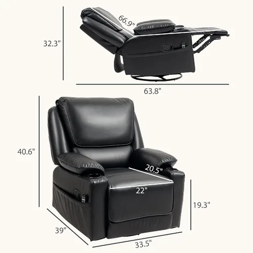 Miniatura 2 de HOMCOM Silla reclinable giratoria con masaje por vibración y calor, silla ergonómica de gran tamaño con piel sintética, control remoto, reposapiés