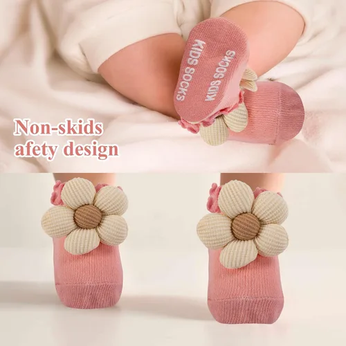 Miniatura 3 de Juego de 10 pares de calcetines para bebé con agarres antideslizantes, diseño de flores 3D grandes y ribete con volantes, conjunto de regalo