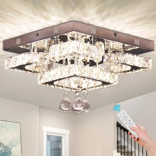 Miniatura 9 de Lámpara de techo LED moderna de 15.7 pulgadas, lámpara de araña de cristal de montaje empotrado, lámpara moderna con forma de luna redonda para sala