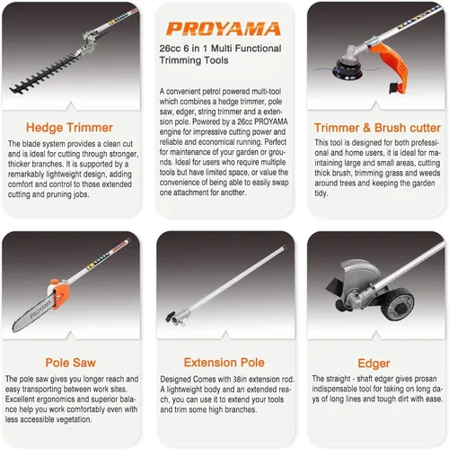 Miniatura 6 de PROYAMA Kit combinado multifuncional 6 en 1 de 26 cc, cortasetos a gas de 2 ciclos, desbrozadora de malezas, cortador de cuerdas, cortador