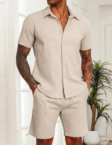Miniatura 18 de COOFANDY Conjunto de 2 piezas de algodón y lino para hombre, camisas de manga corta con botones, pantalones cortos de playa de verano, trajes