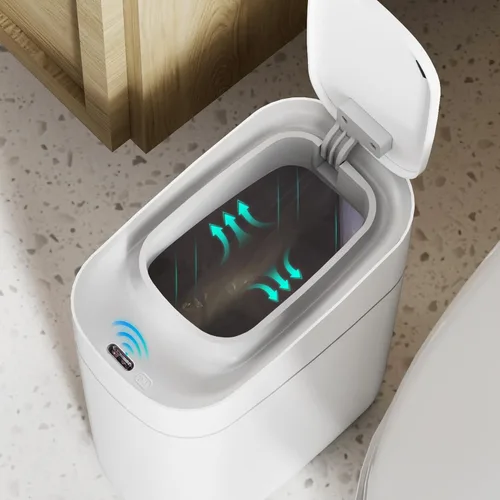 Miniatura 7 de WLIVE Cubo de basura pequeño para baño, 9 litros/2.4 galones, con sensor de movimiento, IPX5, impermeable, sin contacto, para baño, oficina, Blanco