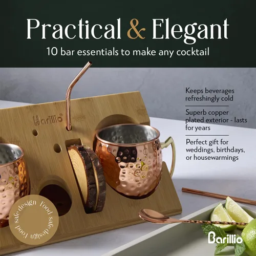 Miniatura 3 de Barillio Moscow Mule - Juego de 2 tazas de cóctel de acero inoxidable, chapadas en cobre con soporte de bambú, aptas para alimentos, kit Moscow Mule